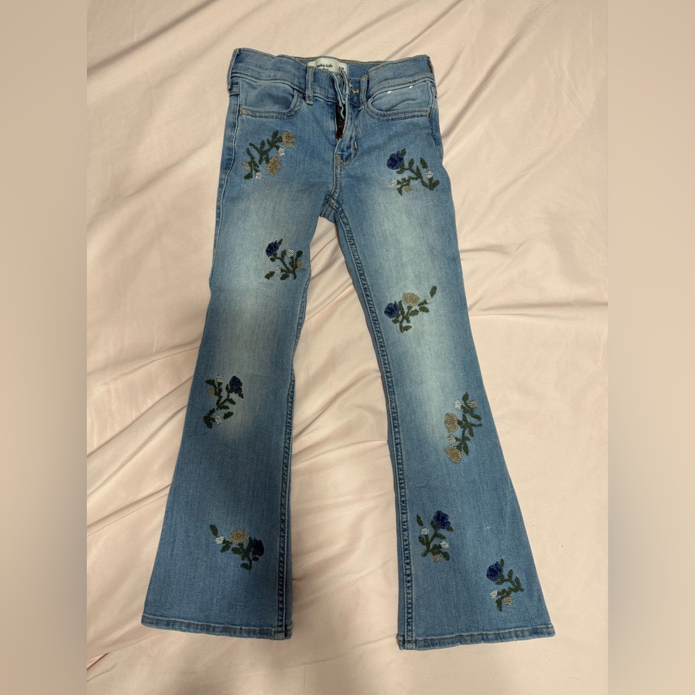 Abercrombie Kids Blue Floral Embroidered Flare Jeans, 5/6 Long